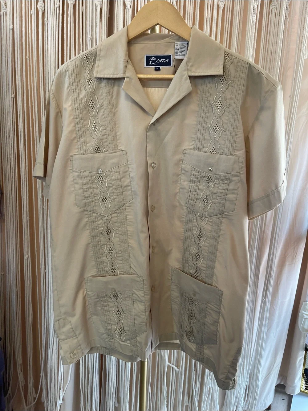 Lada beige short sleeve guayabera shirt Mexican Wedding shirt Cuban Camp